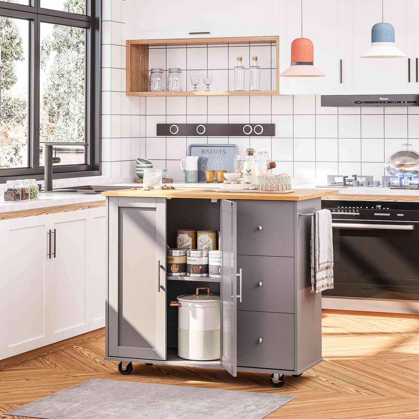 Walsunny Kitchen Island on Wheels with Storage Cabinet & Foldable Drop Leaf, 39.7" Width Rolling Kitchen Table