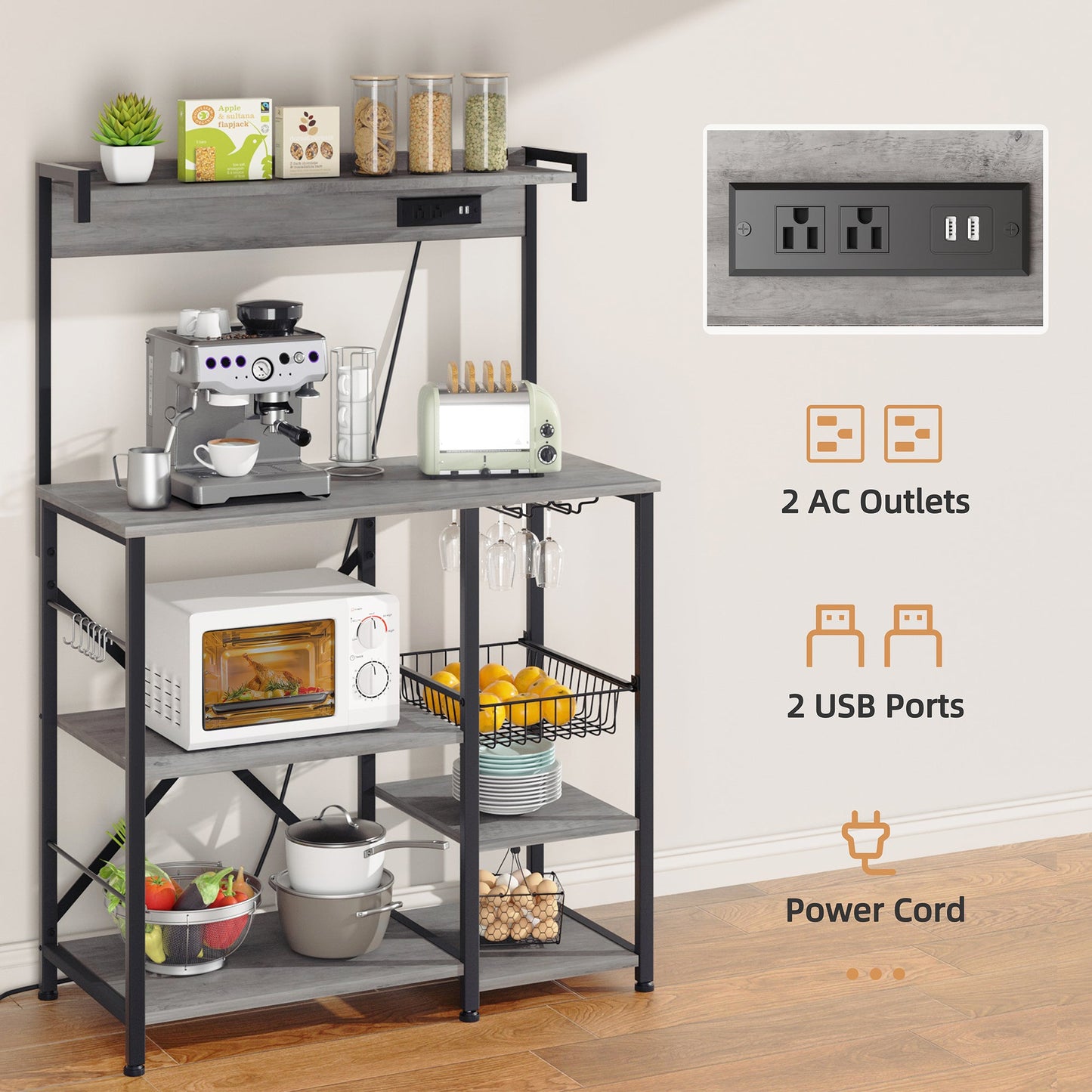 WALSUNNY Kitchen Bakers Rack with Power Outlet  Coffee Bar Table 4 Tiers