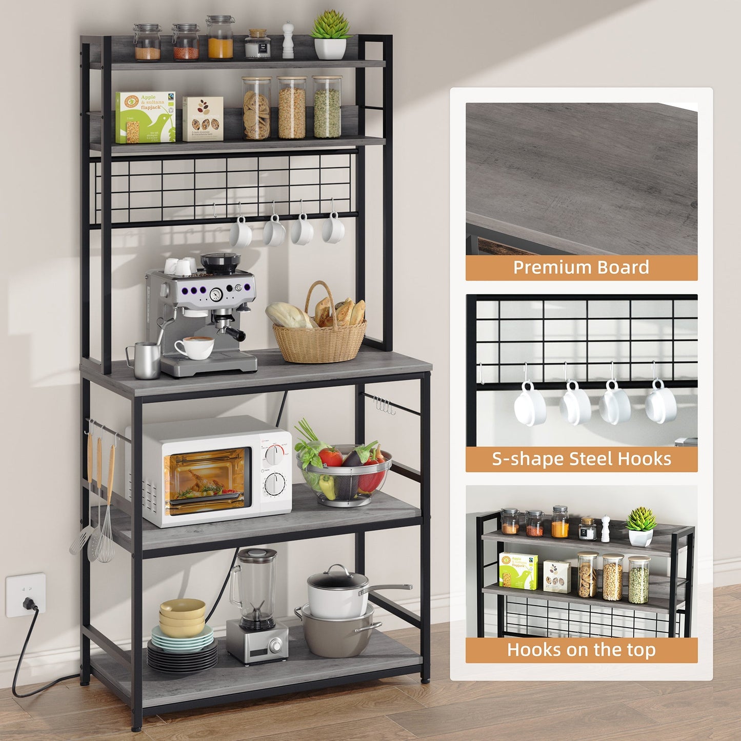 Walsunny Kitchen Bakers Rack with Power Outlet, Coffee Bar Table 3Tiers （Clearance）