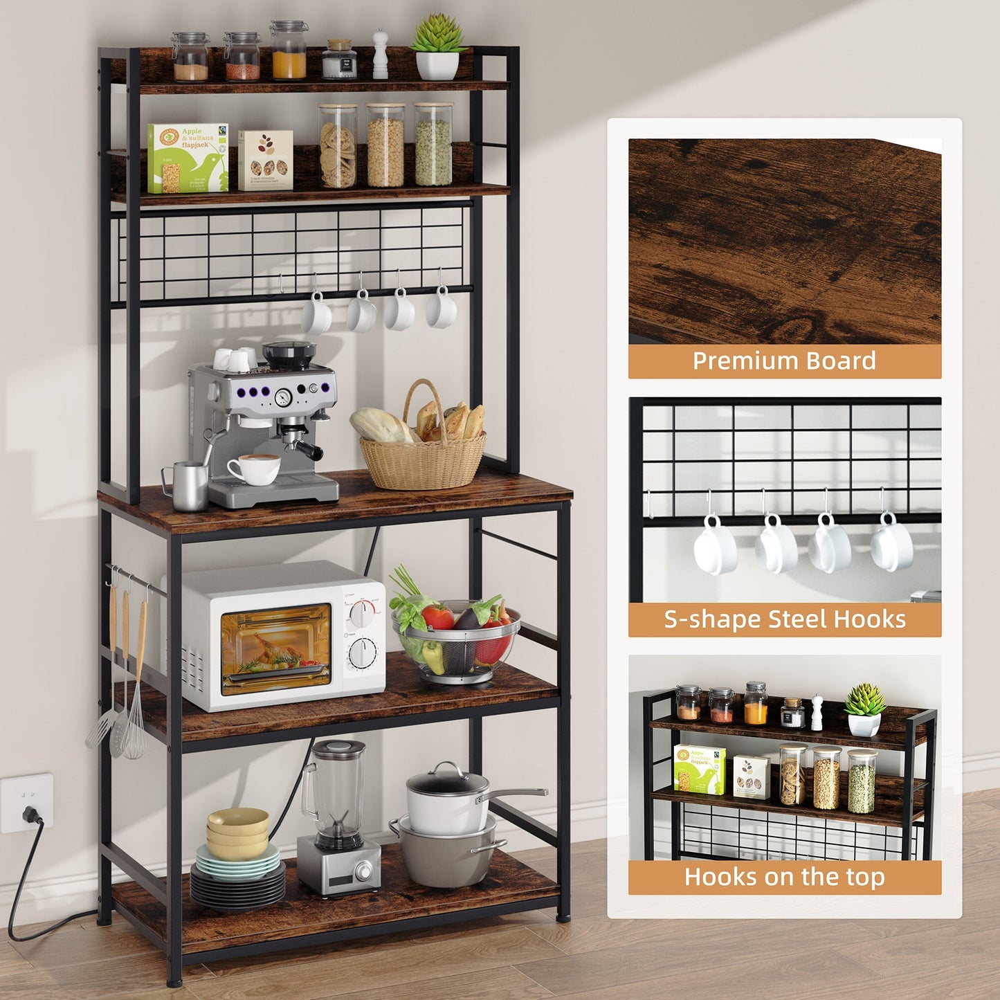 Walsunny Kitchen Bakers Rack with Power Outlet, Coffee Bar Table 3Tiers （Clearance）
