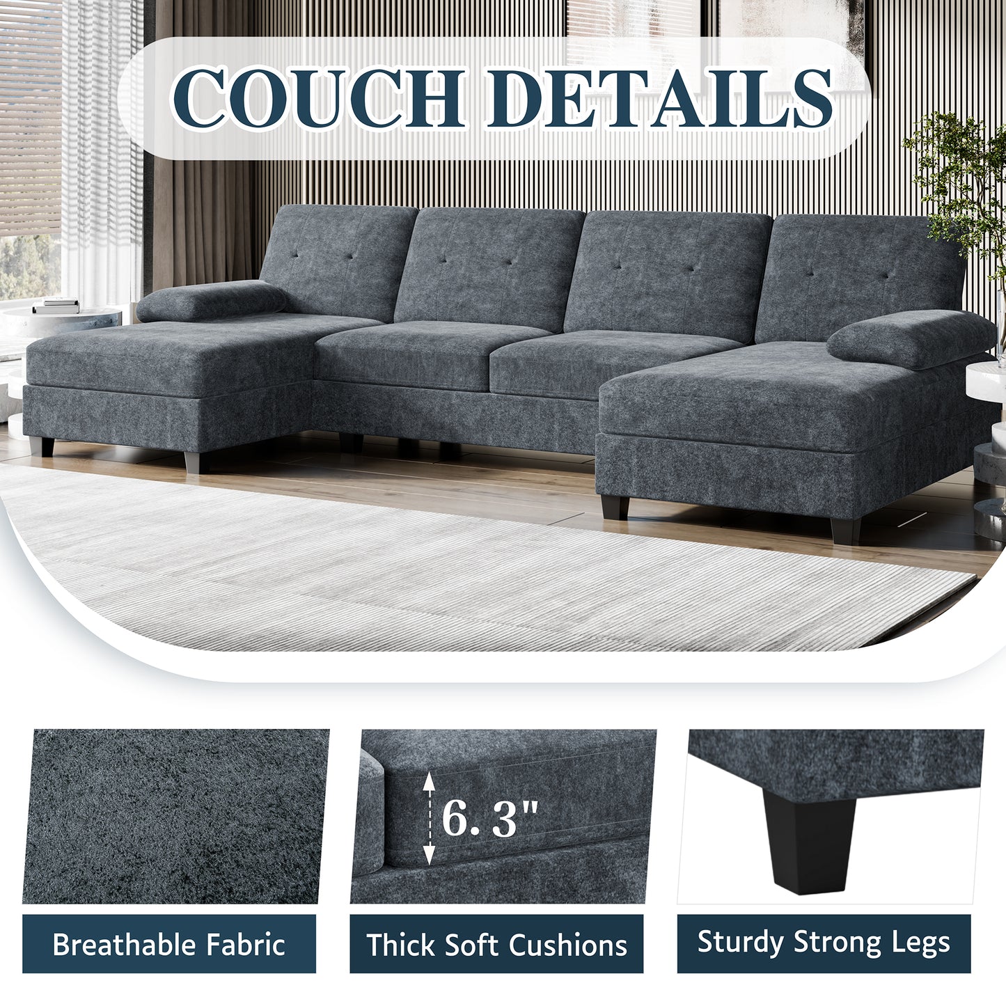 Walsunny U-Shaped Sectional Sofa Couch, 4 Seat U Shaped Oversized Clearance Sofa Set with Double Chaise for Living Room