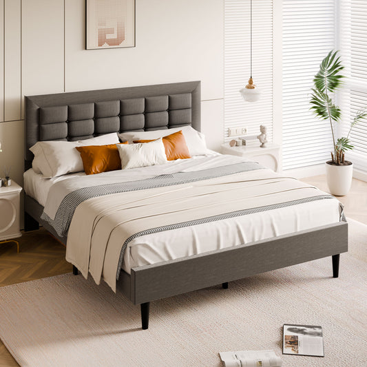 Walsunny Queen Bed Frame with Square Stitched Button Tufted Headboard,Upholstered Platform Bed with 12" Storage Space & Linen Fabric