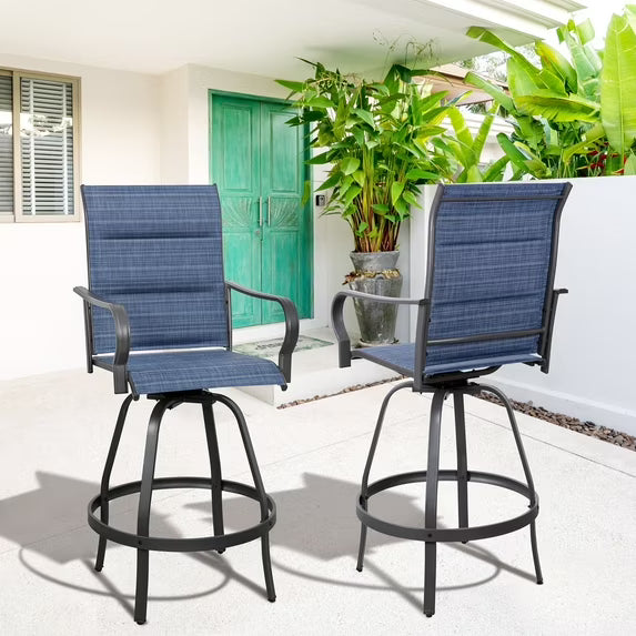 Walsunny 2 Piece Outdoor Swivel Metal Bar Stools Patio Height Textilene Chairs with High Back and Armrest