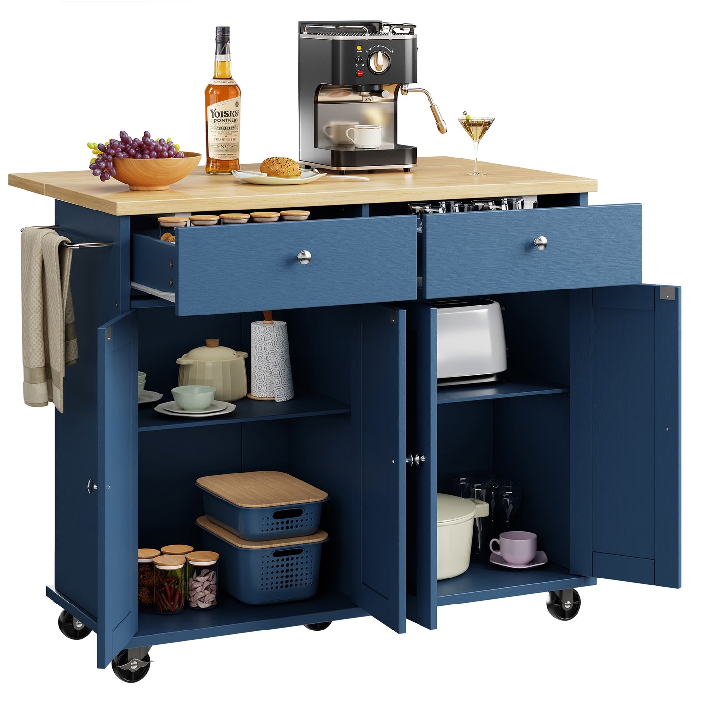 Walsunny Kitchen Islands Carts with Drop Leaf Table 2 Drawers 5 Wheels 4 Magnetic Doors Rolling Storage Cabinet