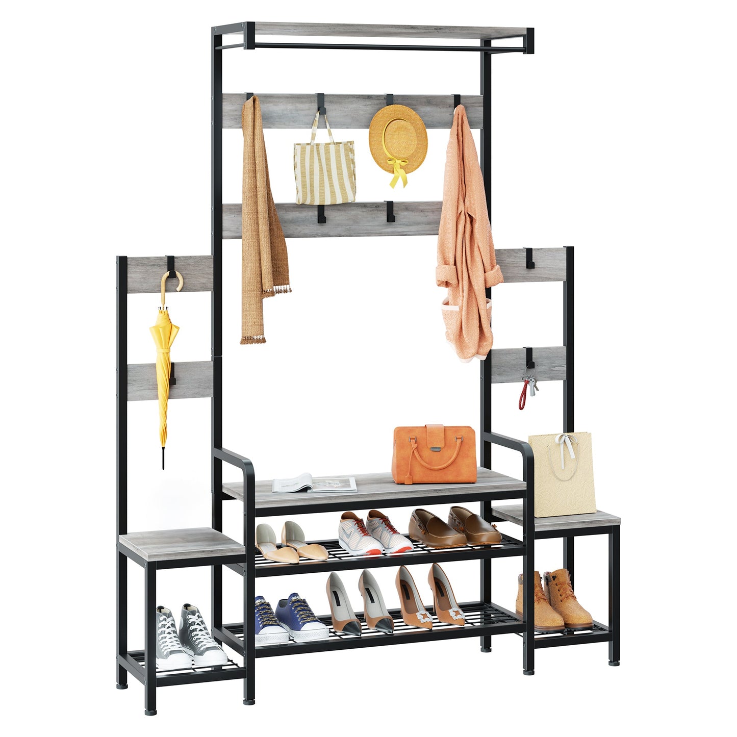 Walsunny 4 in 1 Entryway Hall Tree Coat Rack with Bench 56'' Entryway with Shoe Storage and Coat Hooks Large Organizer for Entryway Hallway