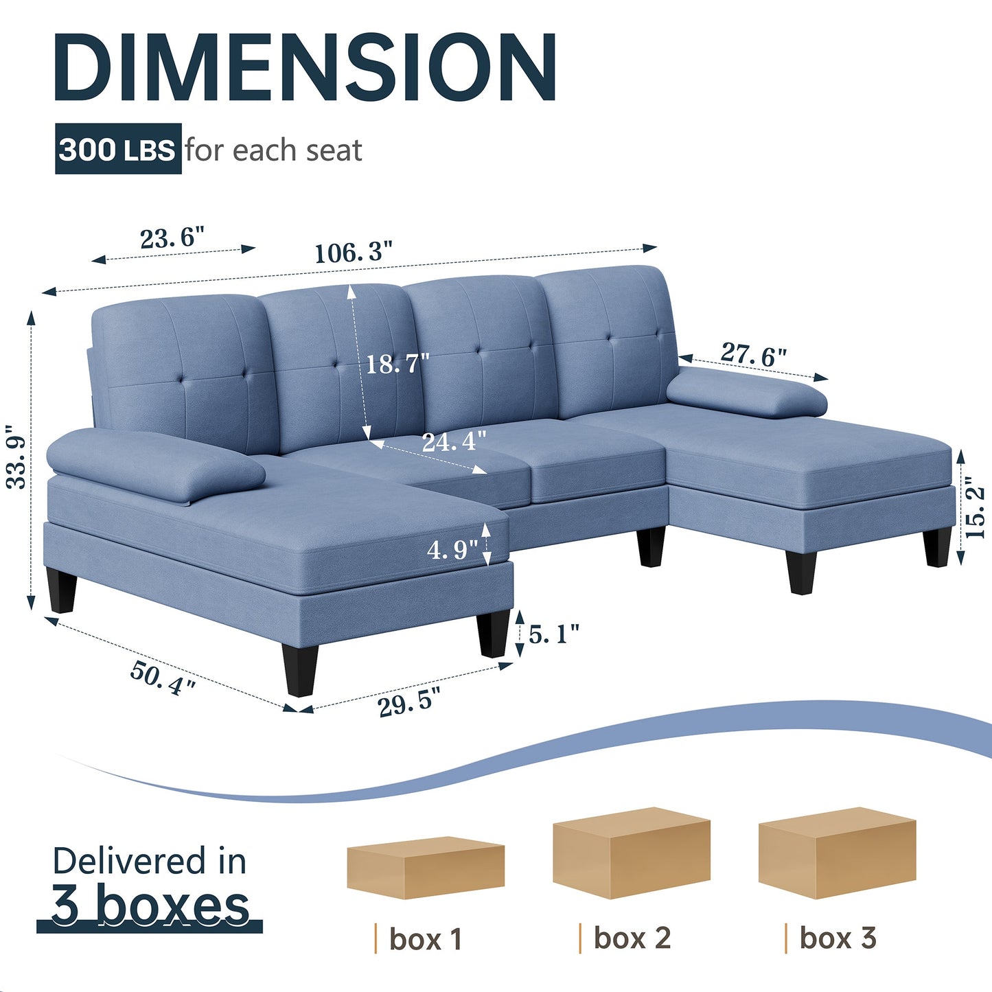 Walsunny 106'' 4-Seat U Shaped Modern Sectional Sofa with  Double Chaises