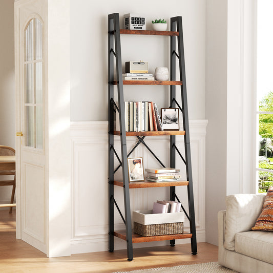 Walsunny Ladder Bookshelf Organizer, Solid Rubberwood Frame, Espresso Finish