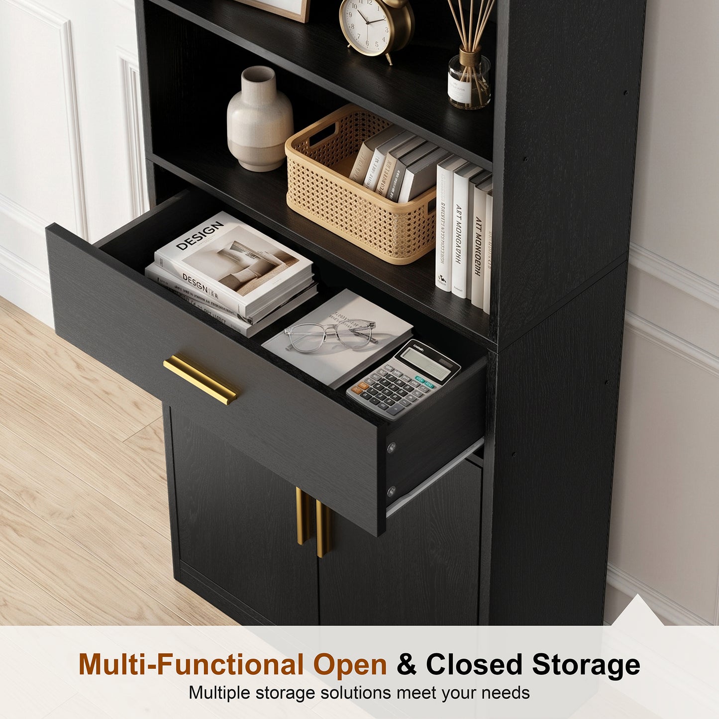 Walsunny Bookshelf with Doors & Drawers, 6-tier Farmhouse Bookcase with Drawer, 71” Floor Standing Bookshelf with Door for Living Room Office