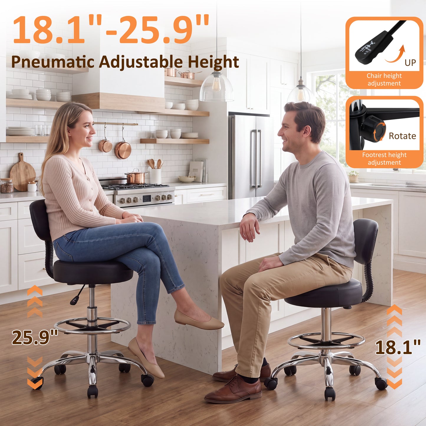 Walsunny Adjustable Bar Stools Set of 2 Leather Upholstered Swivel Counter Stools Counter Height Bar Stools with Large Base, Room Bar, Black