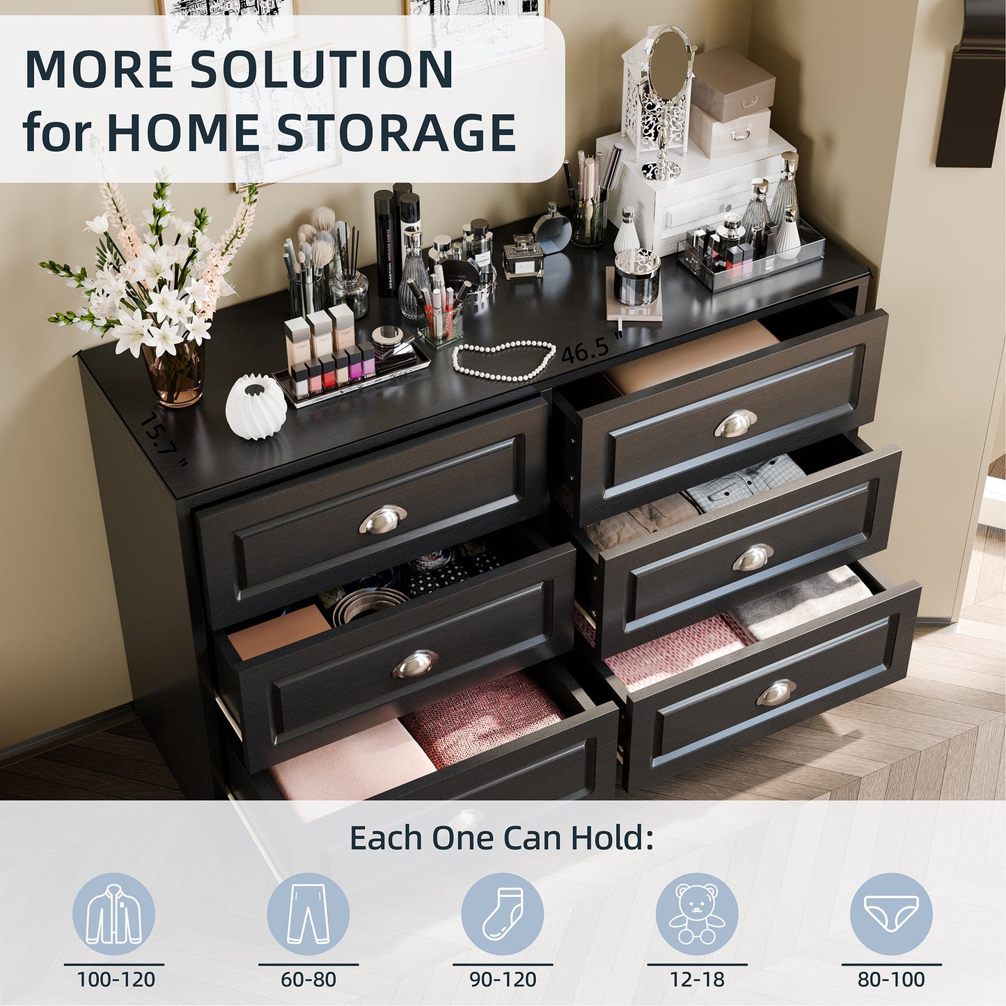 Walsunny 9 Drawer Double Dresser Black Wooden Wide Chest of Drawers with Metal Handles Storage Organizer Dresser Nursery Dresser for Living Room Hallway