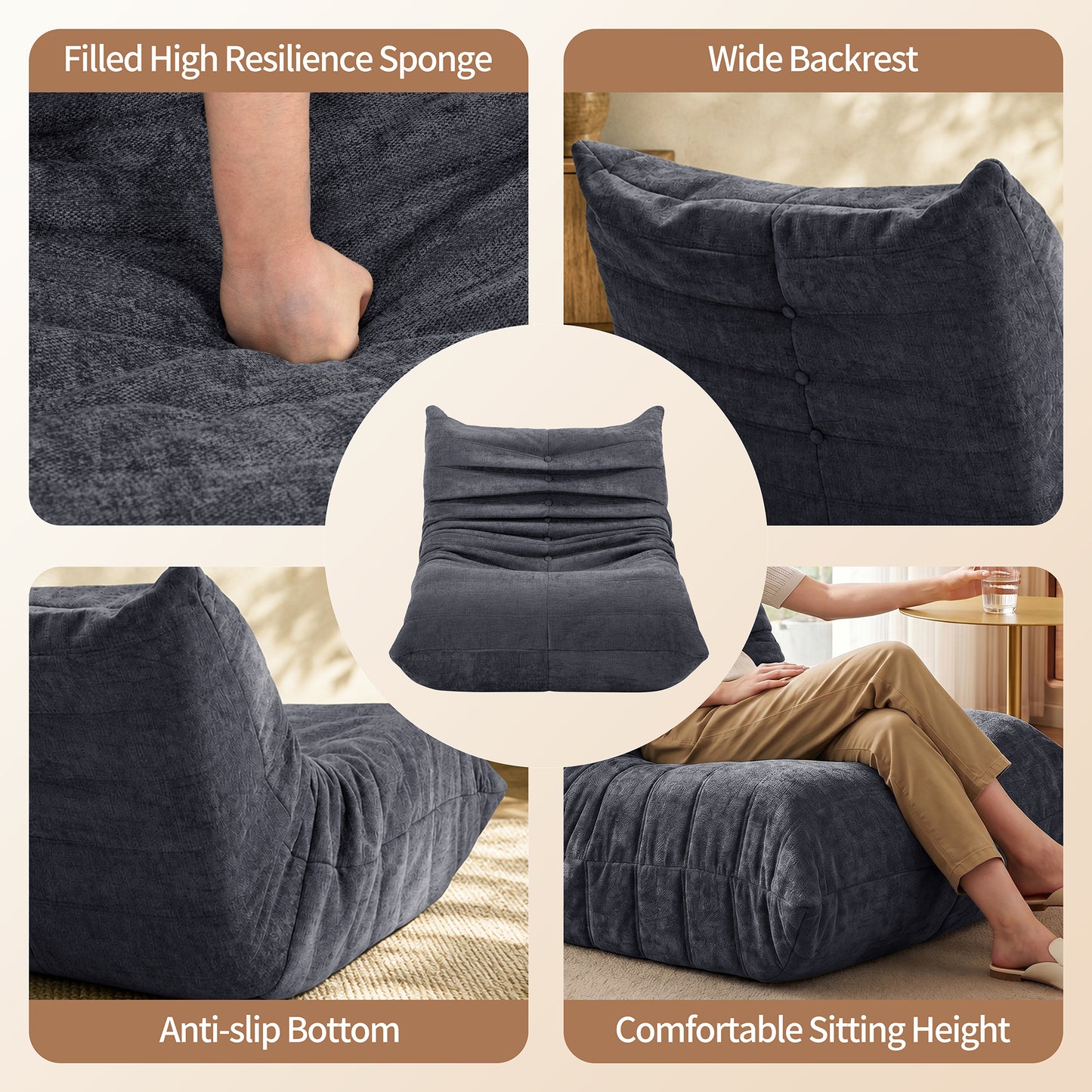 Walsunny Bean Bag Chair Memory Foam Bean Bag Sofa, Caterpillar Sofa, Lazy Sofa Chair Floor Sofa Couch Single Lounge Chair for Living Room, Bedroom, Office, Dorm, Black