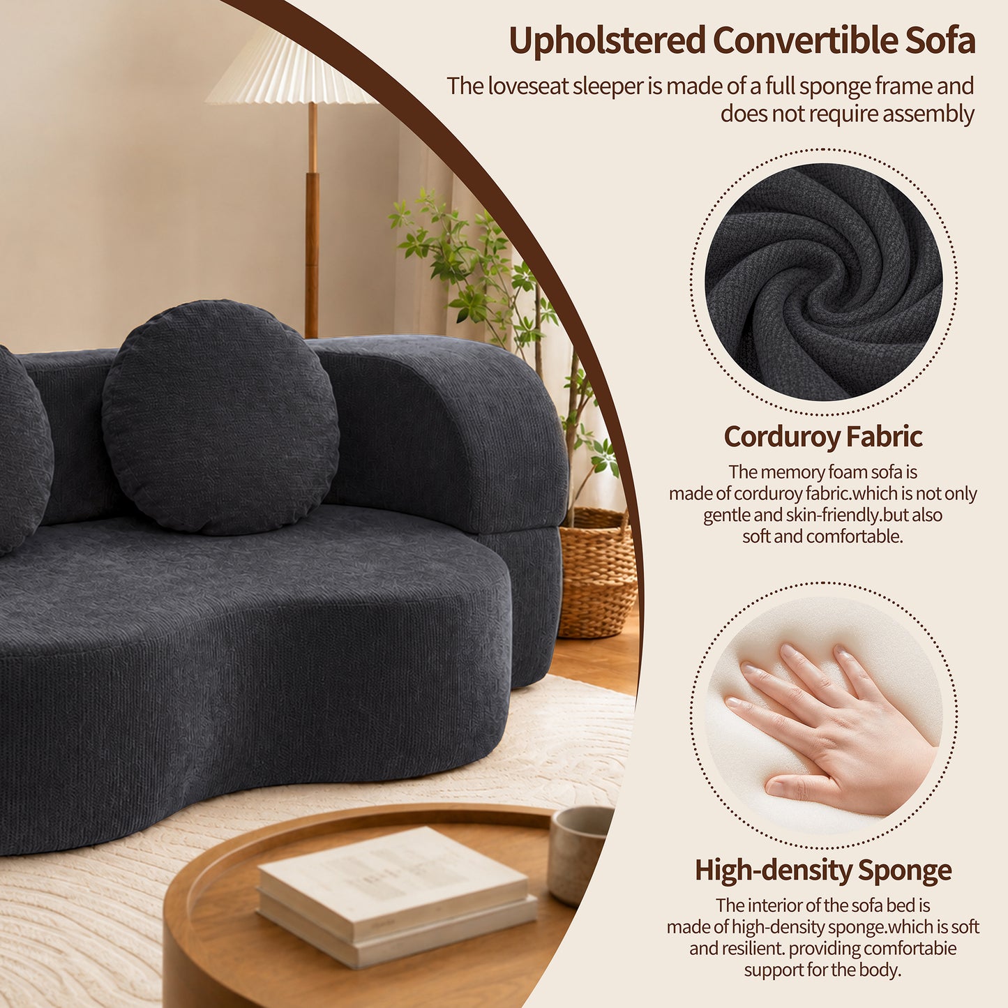 Walsunny 2-in-1 Convertible Futon Sofa Bed, Boneless Foldable Sofa Bed, Lazy Sleeper Sofa Couch, Memory Foam Folding Couch for Living Room, Bedroom