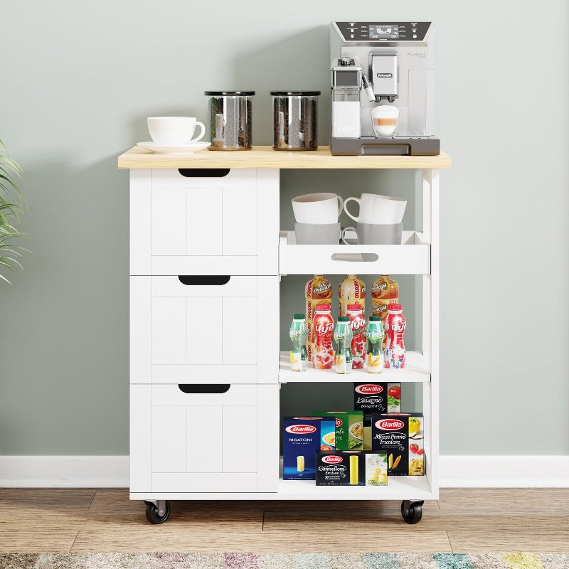 Walsunny 26.57‘’ Rolling Kitchen Island Storage & Bar Cart with Solid Wood Top#color_white