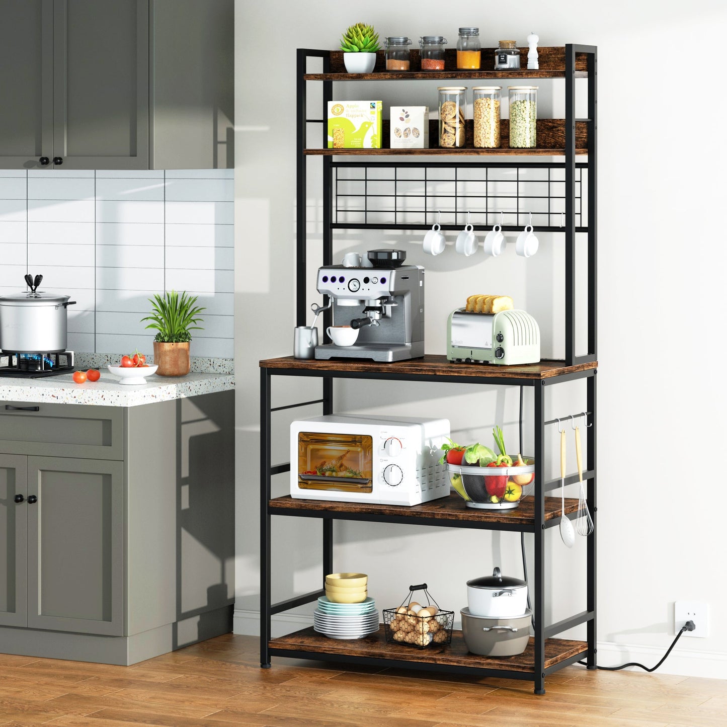 Walsunny Kitchen Bakers Rack with Power Outlet, Coffee Bar Table 3Tiers （Clearance）