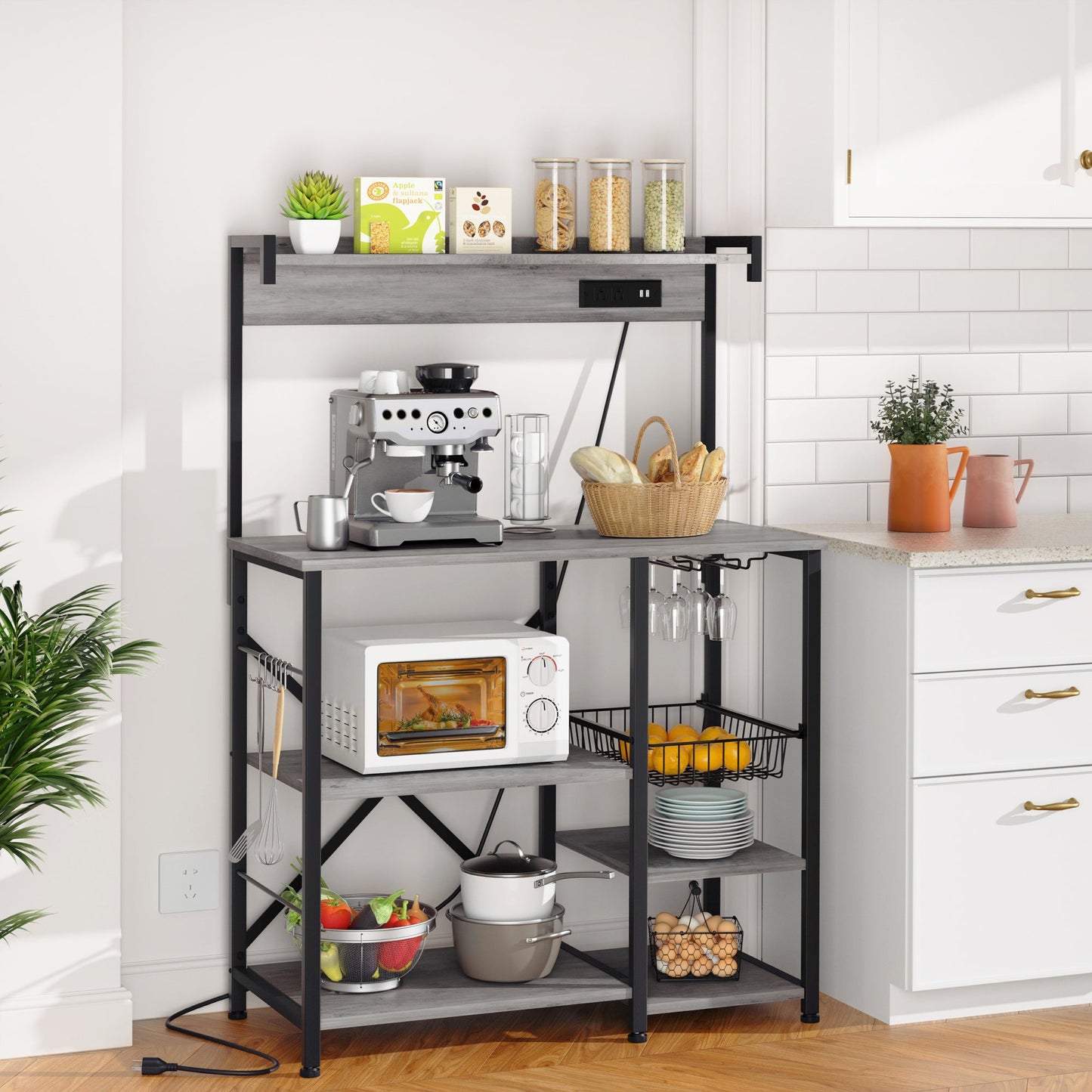 WALSUNNY Kitchen Bakers Rack with Power Outlet  Coffee Bar Table 4 Tiers