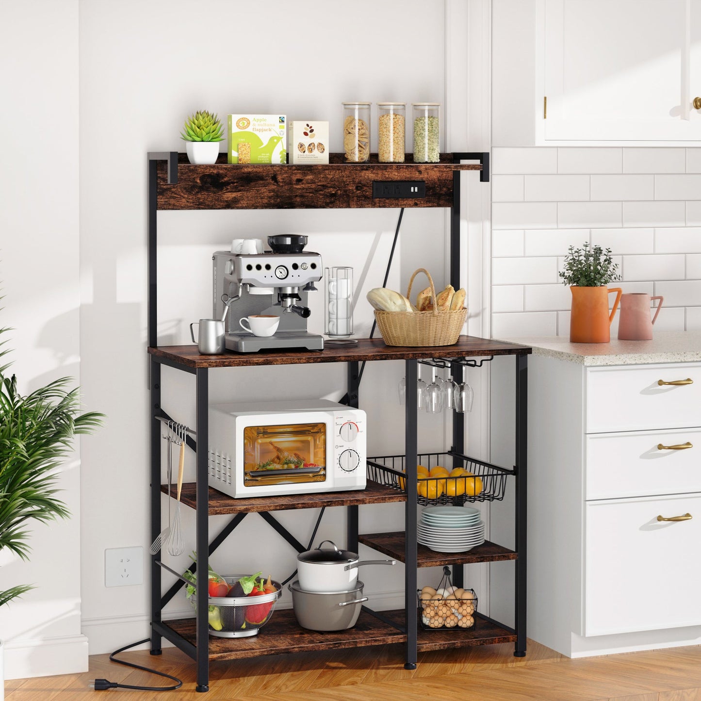 WALSUNNY Kitchen Bakers Rack with Power Outlet  Coffee Bar Table 4 Tiers