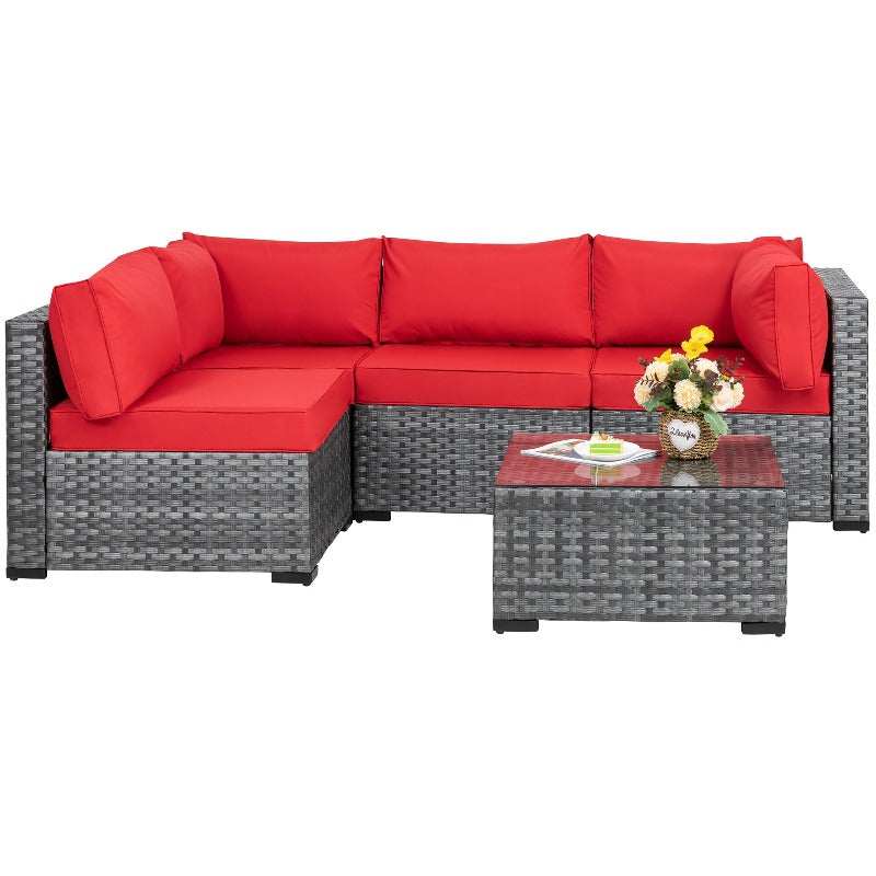 Walsunny Patio Furniture 5 Pieces Outdoor Sectional Sofa Set, Silver Wicker#color_red