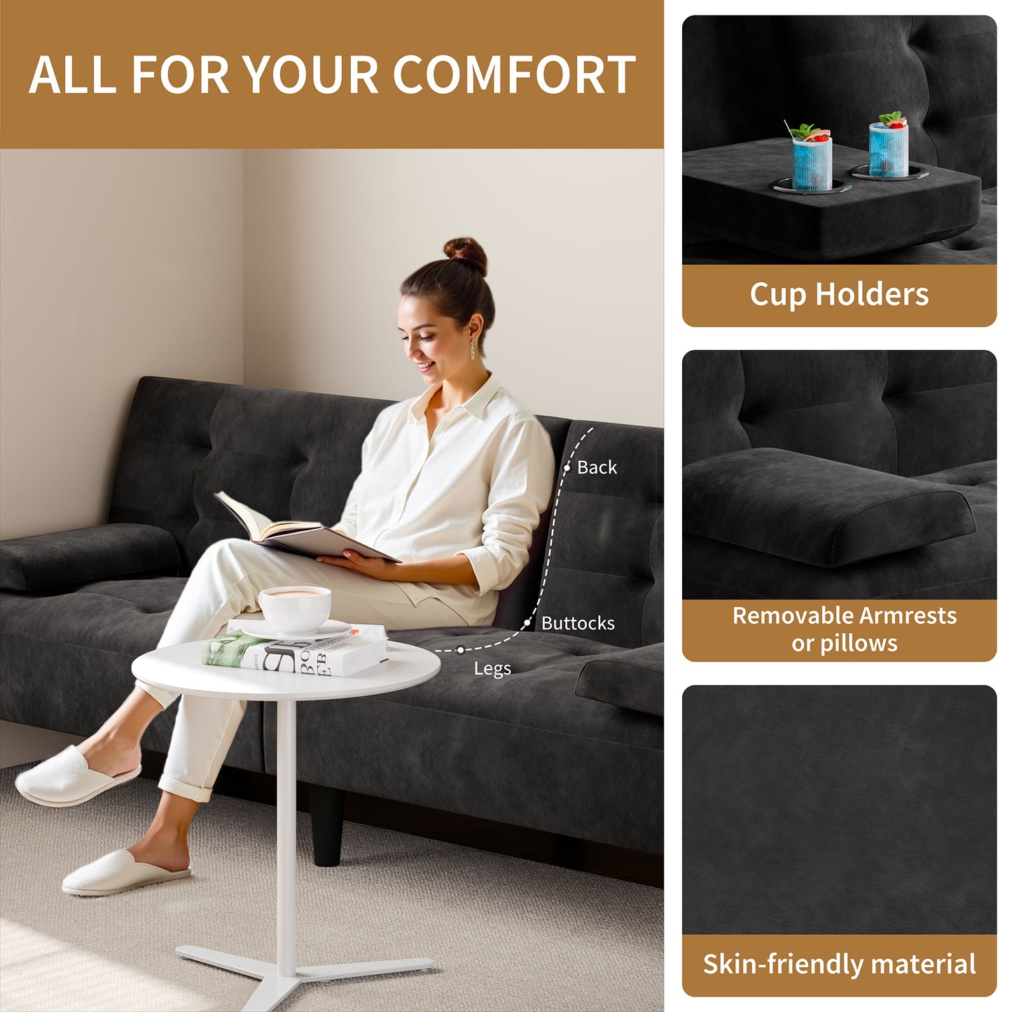 Walsunny Futon Sofa Bed with Hidden Cup Holders, Modern Convertible Folding Futon Couch with 3-Angle Adjustment for Living Room, Small Space