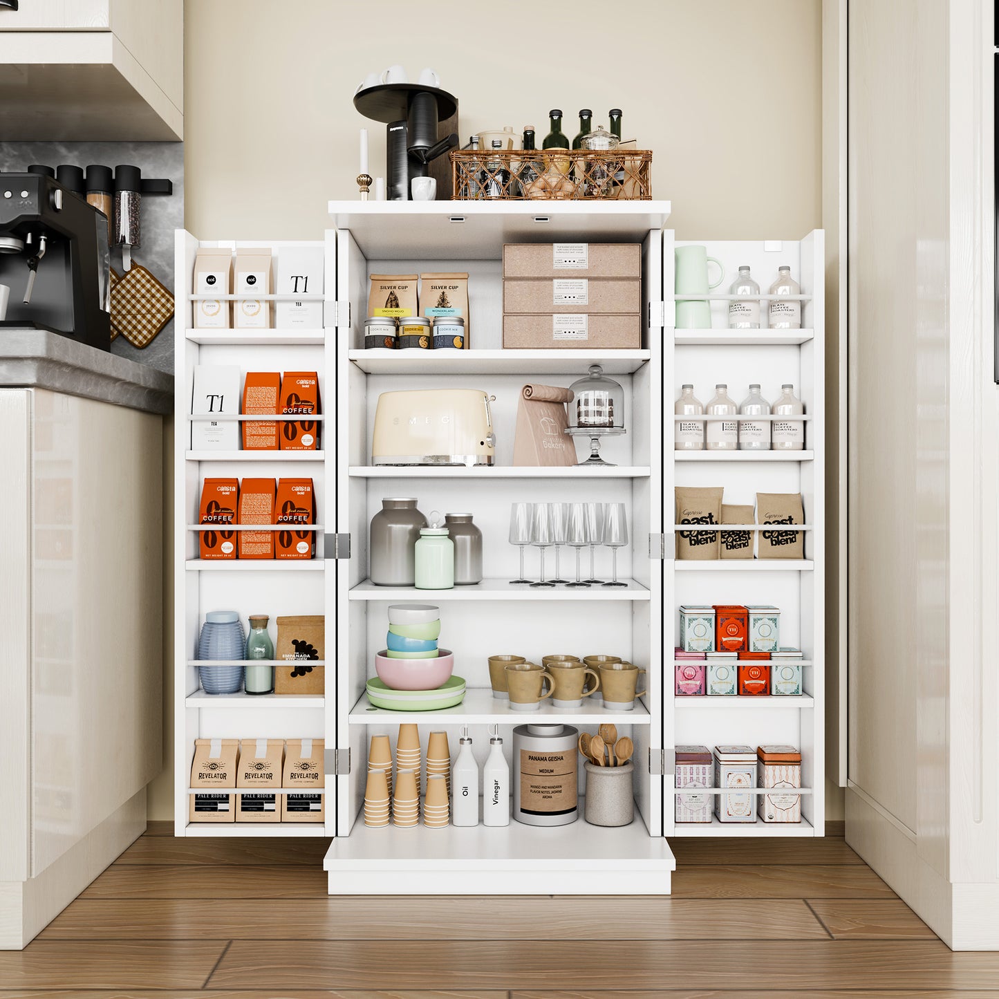 Meilocar 47in Kitchen Pantry Cabinet, Wood Kitchen Storage Pantry Cabinets Freestanding Pantries Cabinets with Doors & Adjustable Shelves, White