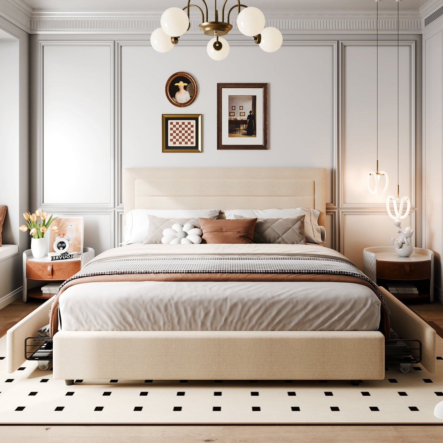 Walsunny Bed Frame with 4 Storage Drawee, Platform Bed with Upholstered Modern Geometric Lines Headboard, Solid Wood Slats Support