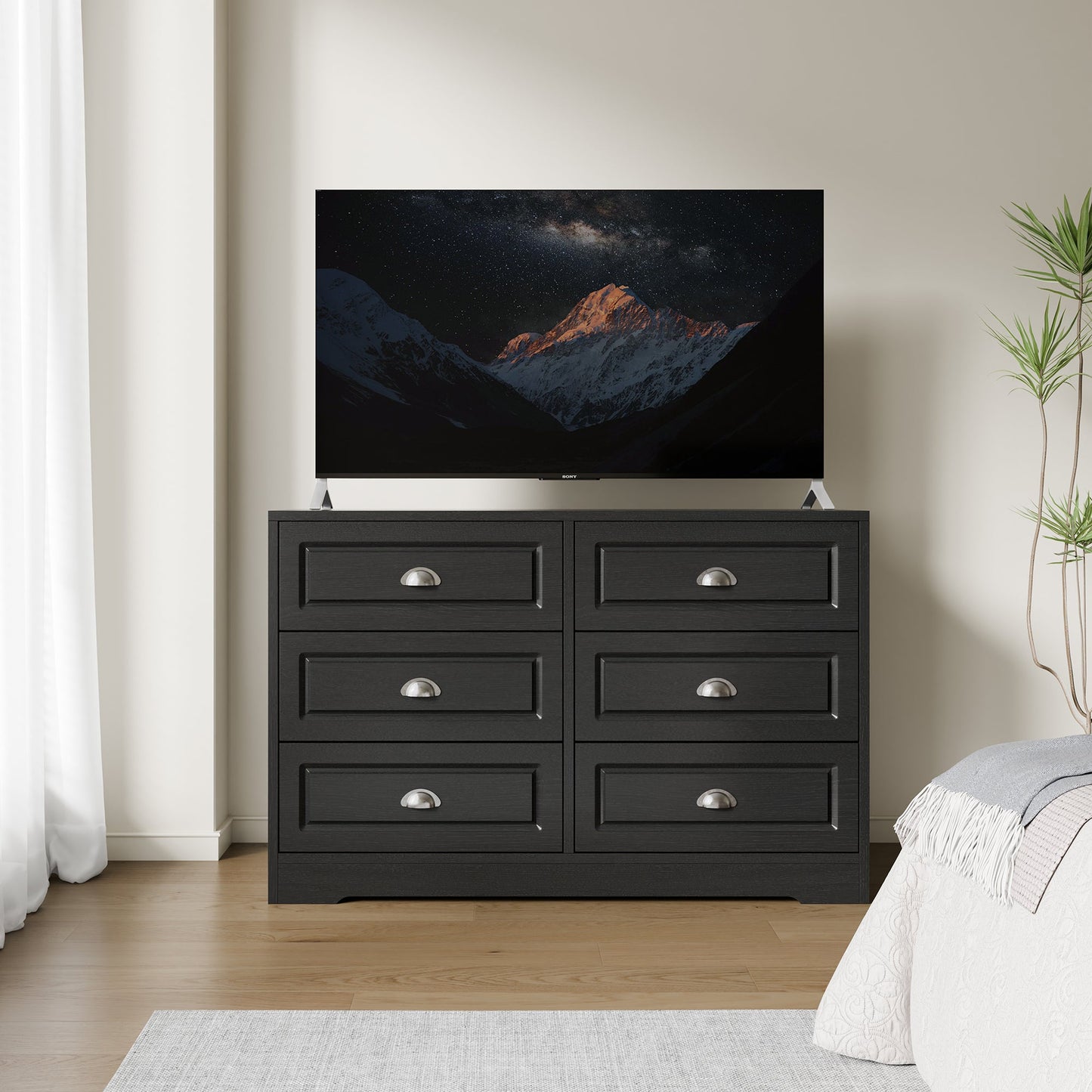 Walsunny 9 Drawer Double Dresser Black Wooden Wide Chest of Drawers with Metal Handles Storage Organizer Dresser Nursery Dresser for Living Room Hallway