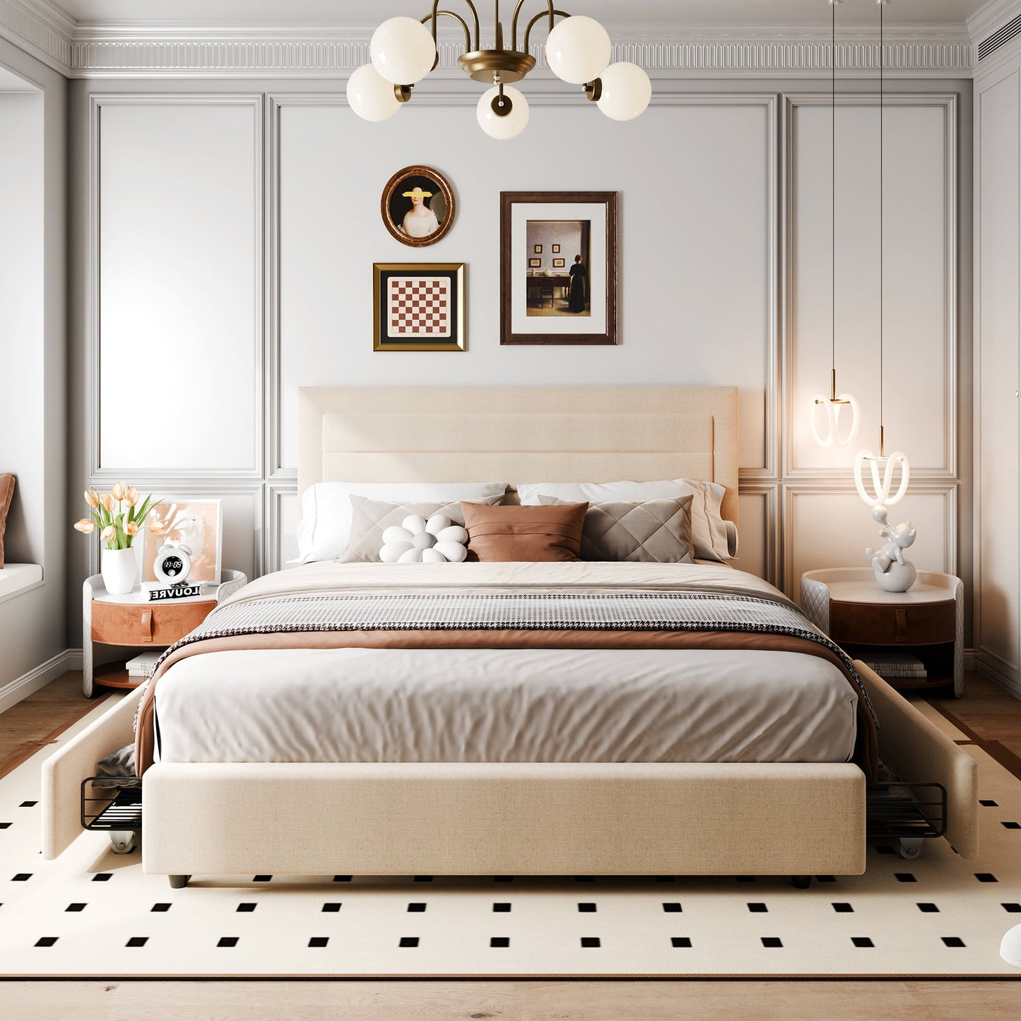 Walsunny Bed Frame with 4 Storage Drawee, Platform Bed with Upholstered Modern Geometric Lines Headboard, Solid Wood Slats Support