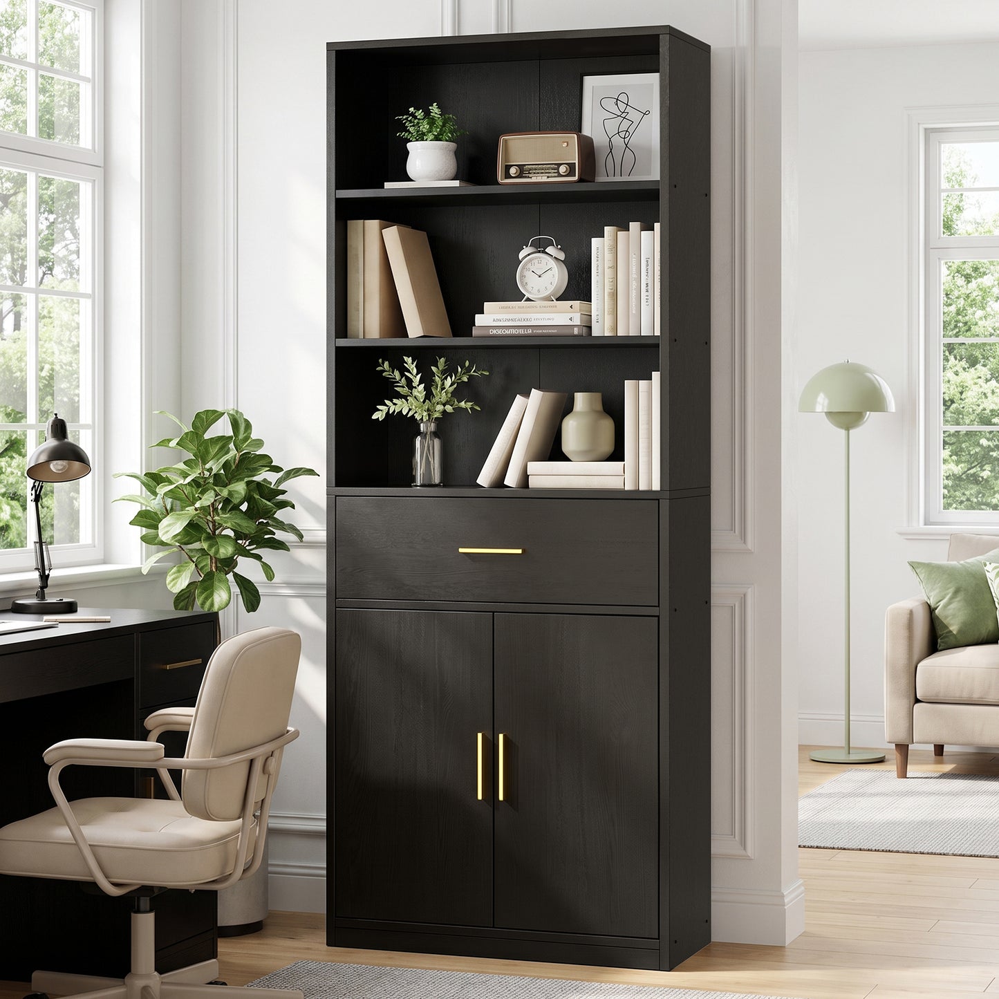 Walsunny Bookshelf with Doors & Drawers, 6-tier Farmhouse Bookcase with Drawer, 71” Floor Standing Bookshelf with Door for Living Room Office