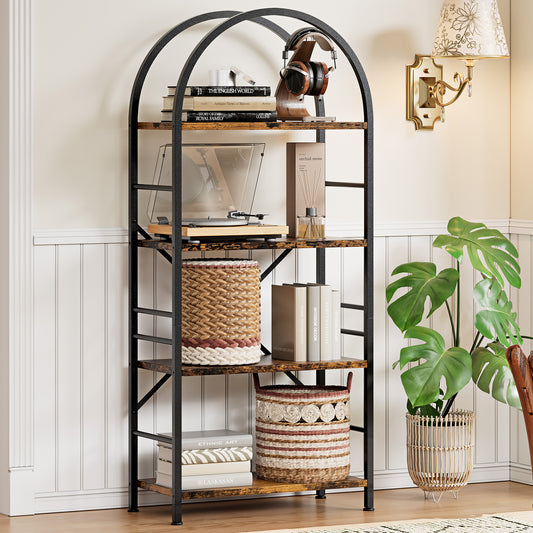 Walsunny 4-Tier Arched Bookshelf Industrial Open Storage Shelf, Display Bookshelves with Metal Frame, Rustic Wood Tall Bookcase for Living Room, Home Office