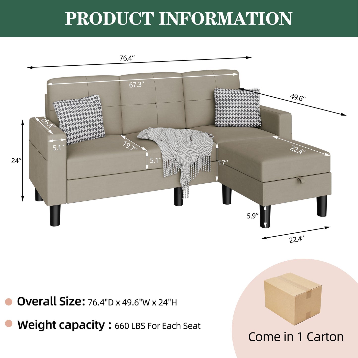 Walsunny 3-Seat L Shaped Modern Sectional Sofa with Storage Ottoman and Side Pockets