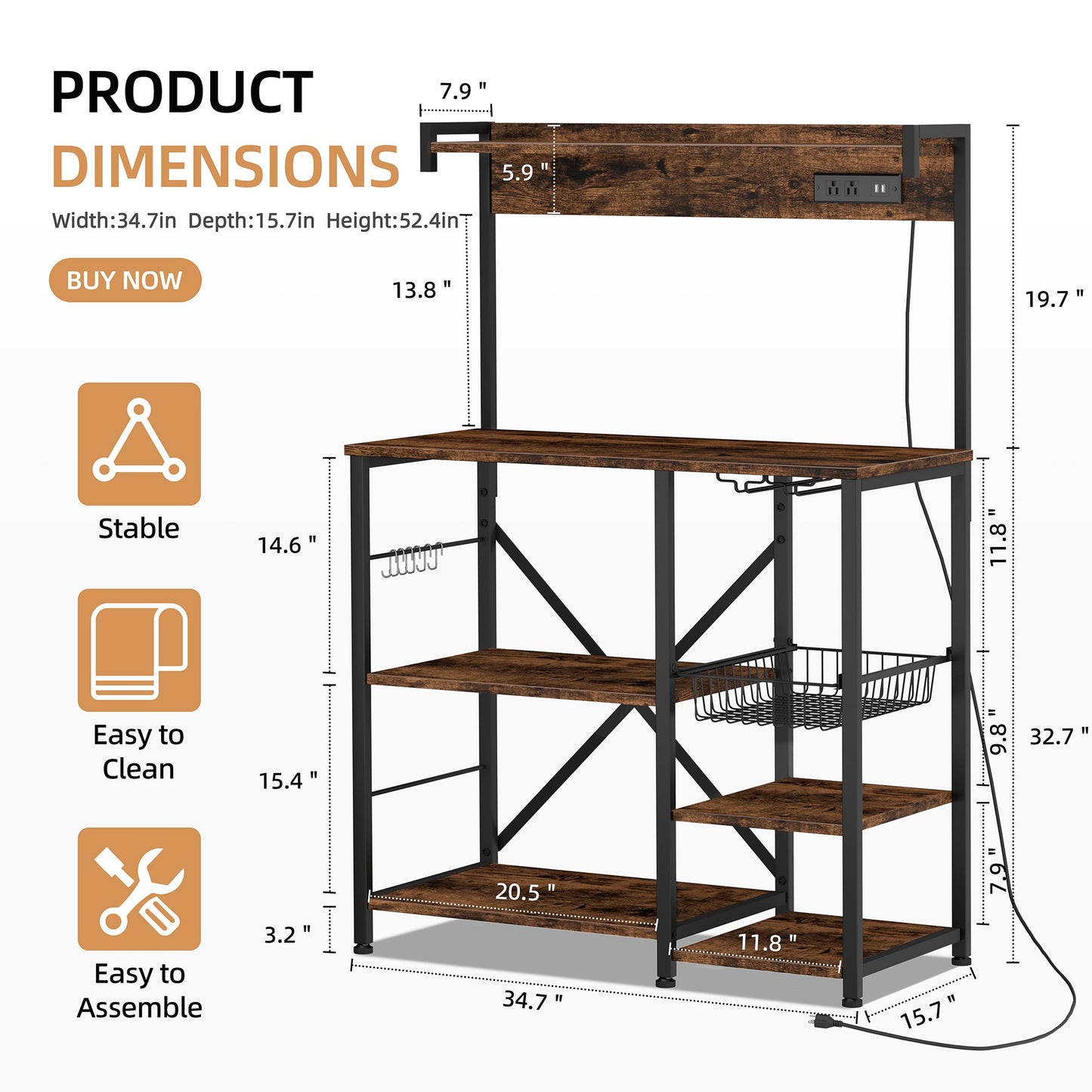 WALSUNNY Kitchen Bakers Rack with Power Outlet  Coffee Bar Table 4 Tiers