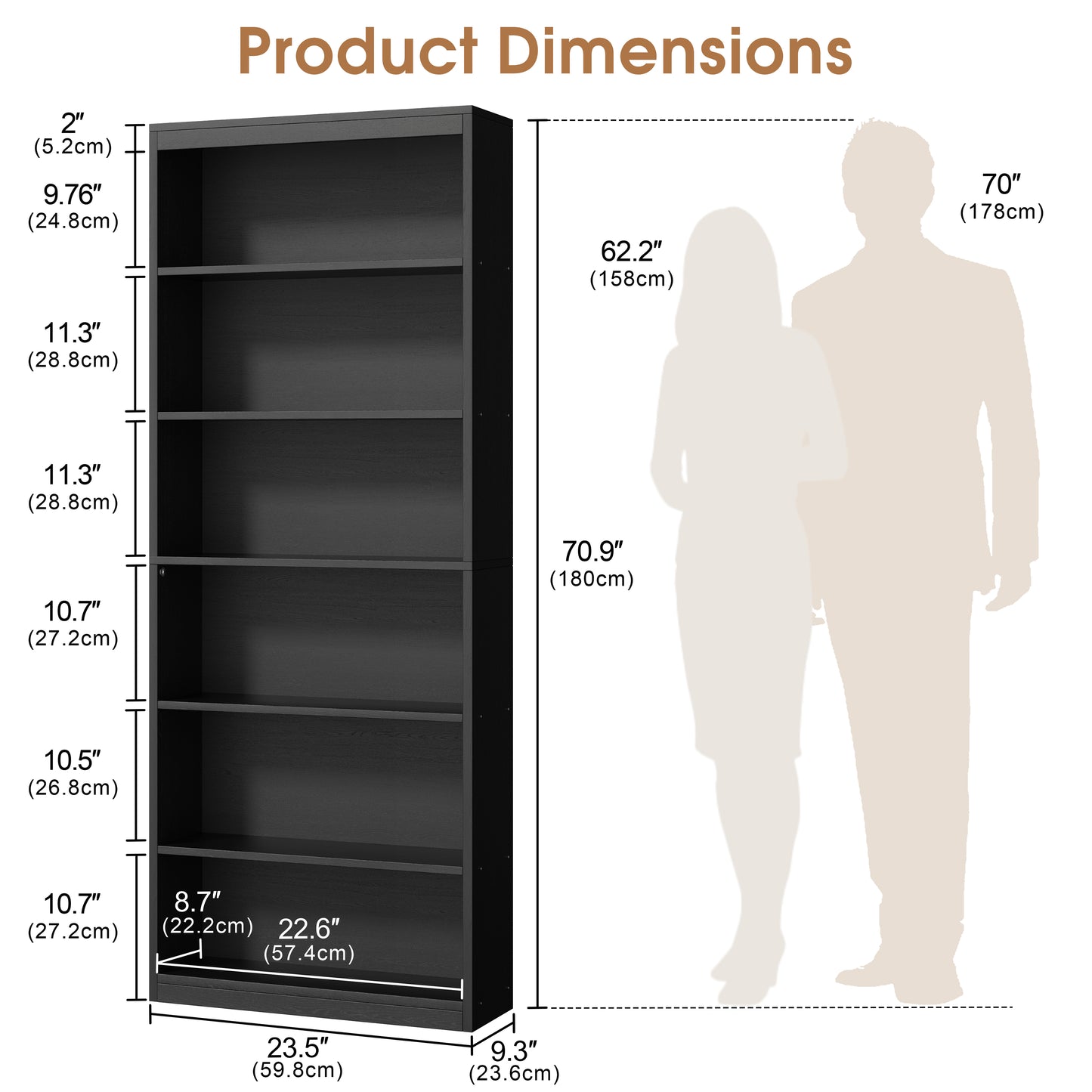 Walsunny 6 Tier Tall Bookshelf, Wooden Bookcase Display Shelf, Space-Saving Bookshelves with Deep Storage for Living Room, Office, Library