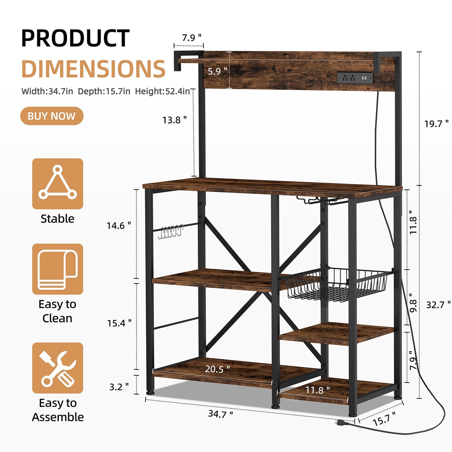 Walsunny Kitchen Bakers Rack with Power Outlet, Coffee Bar Table 4 Tiers（Clearance）
