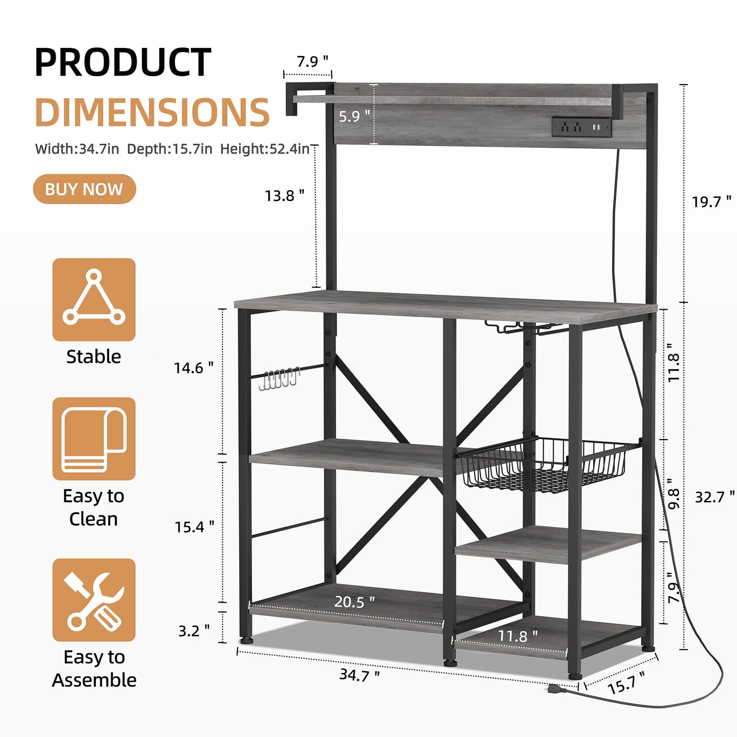 WALSUNNY Kitchen Bakers Rack with Power Outlet  Coffee Bar Table 4 Tiers