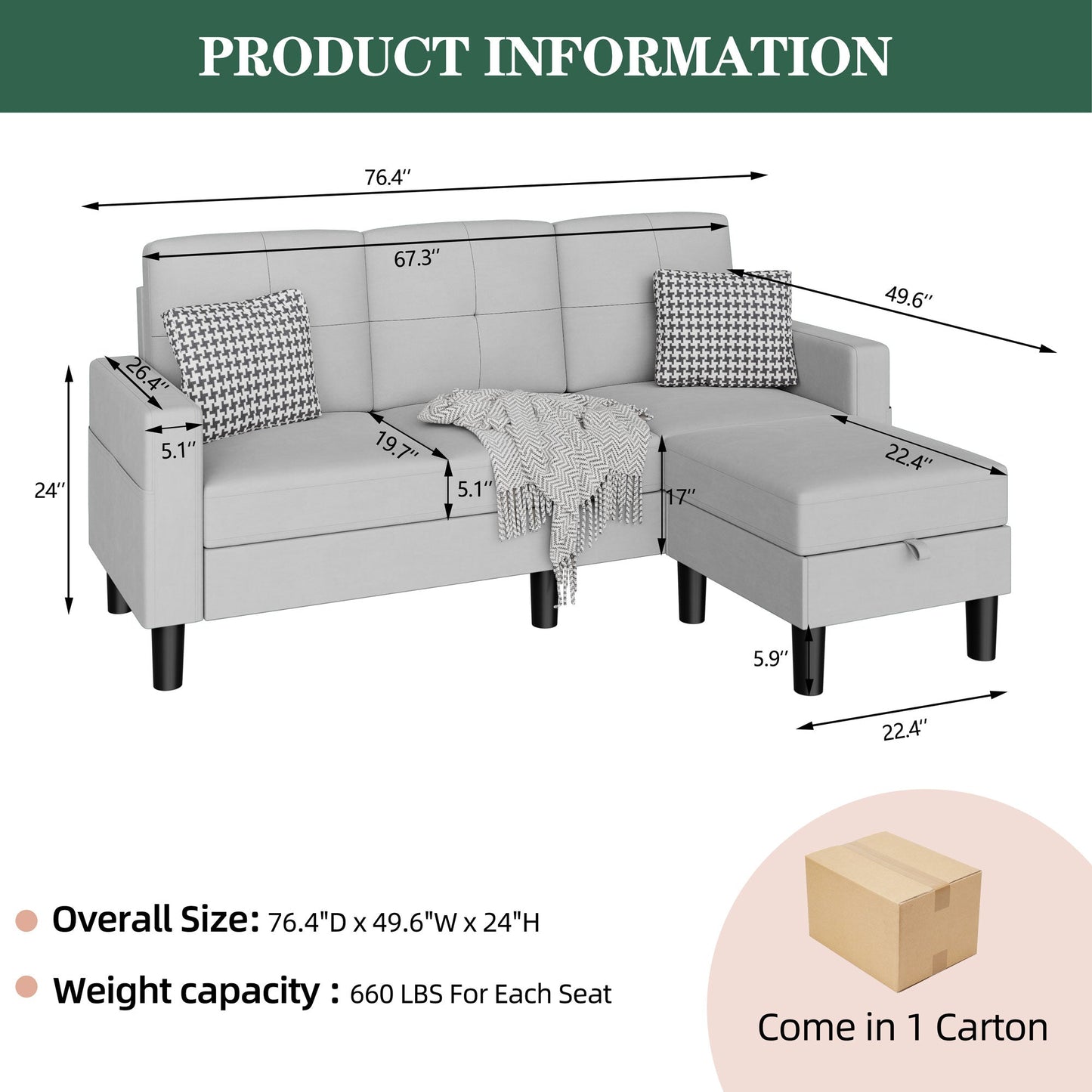 Walsunny 3-Seat L Shaped Modern Sectional Sofa with Storage Ottoman and Side Pockets