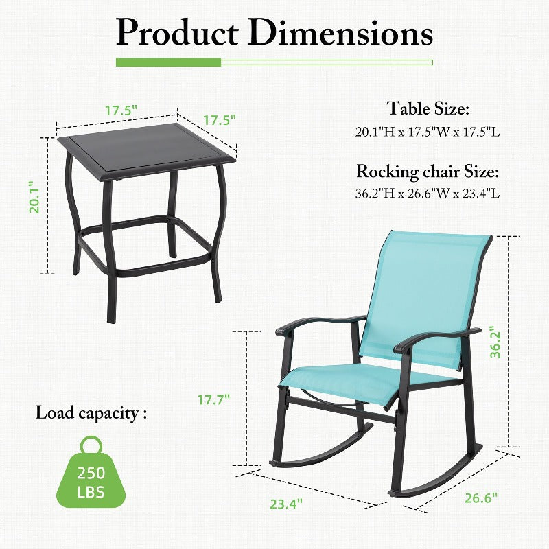 Walsunny Patio Furniture 3 Pieces Textilene Outdoor Bistro Rocking Chair Set