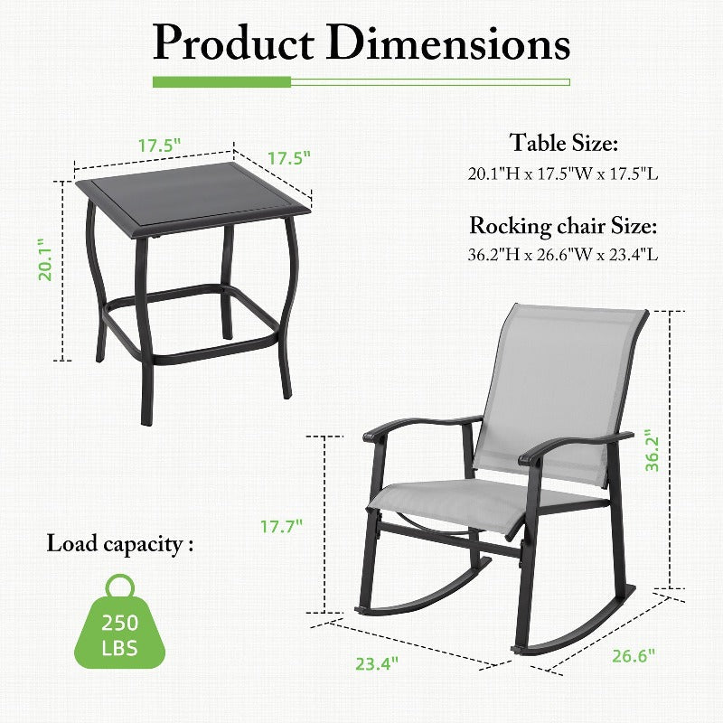 Walsunny Patio Furniture 3 Pieces Textilene Outdoor Bistro Rocking Chair Set