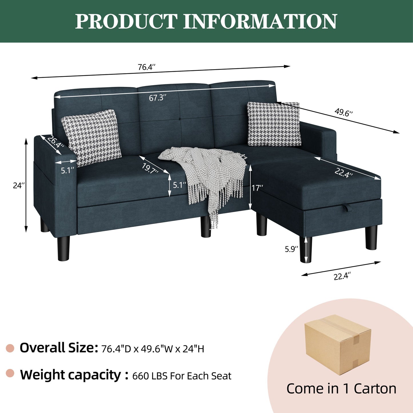 Walsunny 3-Seat L Shaped Modern Sectional Sofa with Storage Ottoman and Side Pockets