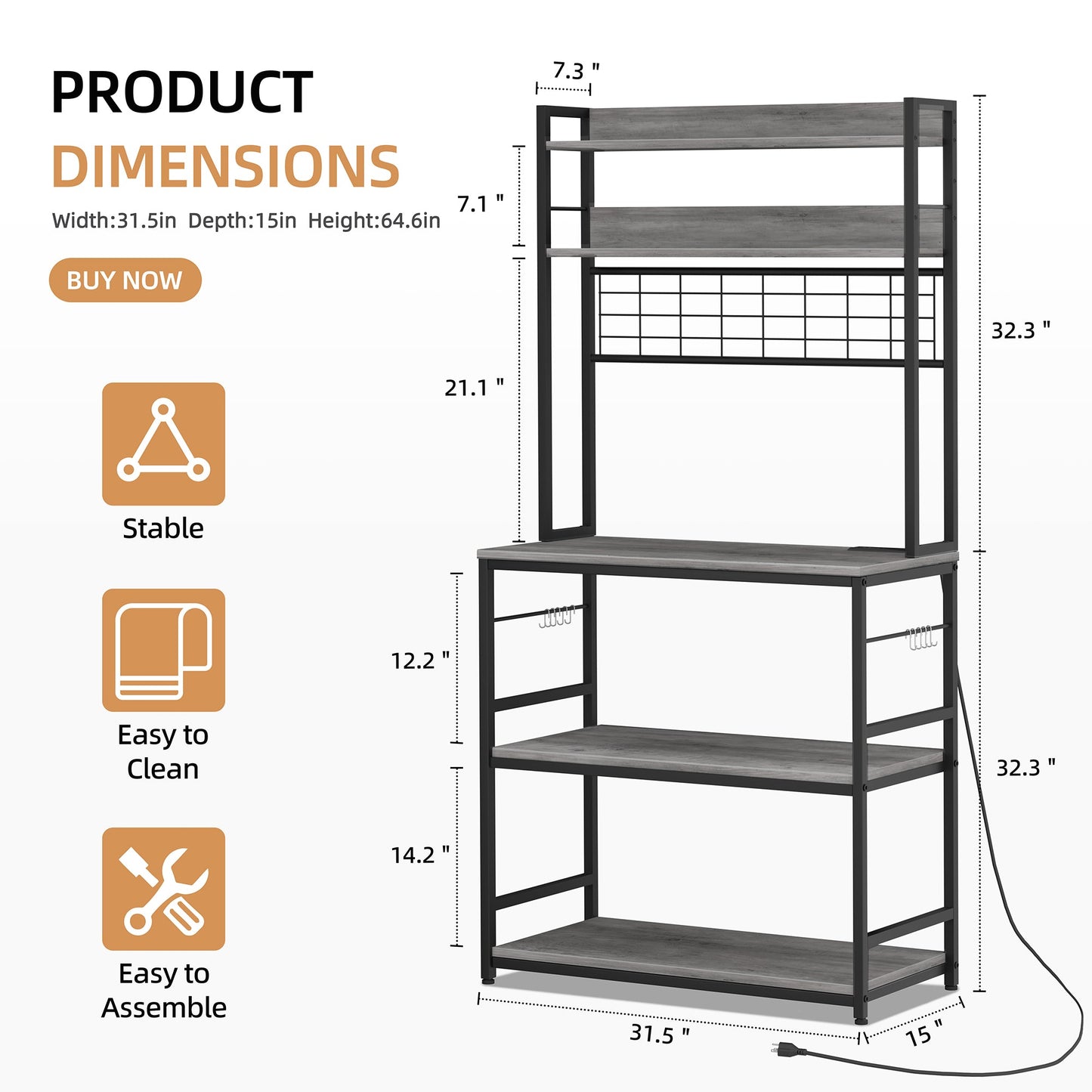 Walsunny Kitchen Bakers Rack with Power Outlet, Coffee Bar Table 3Tiers （Clearance）
