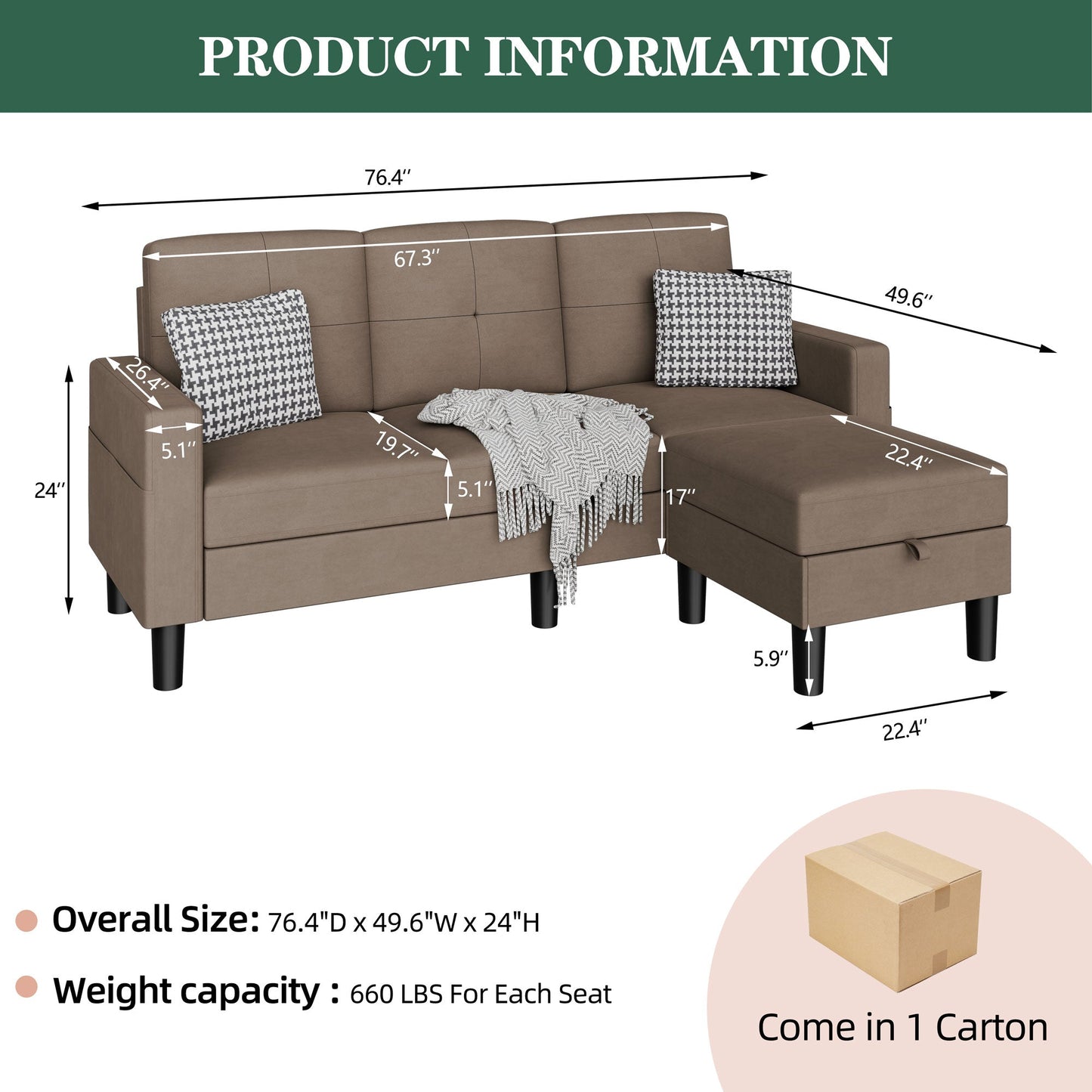 Walsunny 3-Seat L Shaped Modern Sectional Sofa with Storage Ottoman and Side Pockets