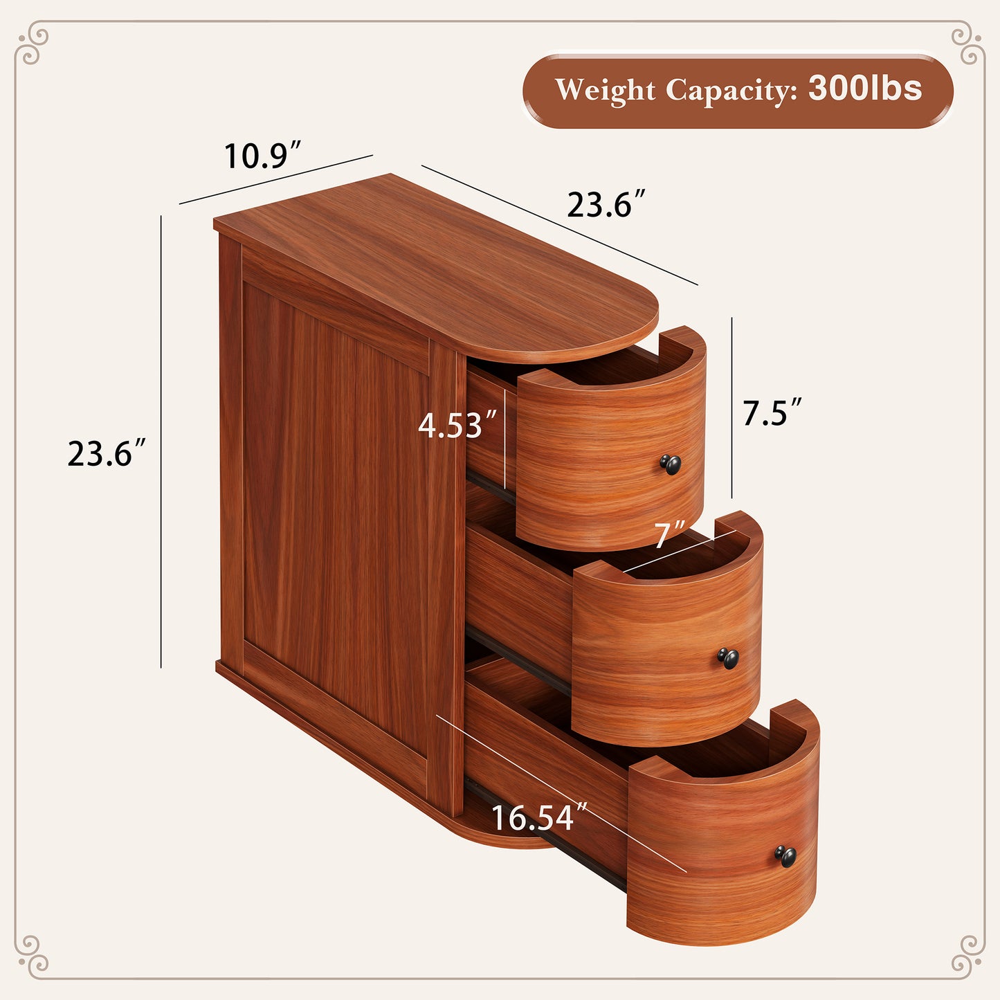 Walsunny Nightstand,Narrow End Table,3-Drawer Side Table,Vintage Slim Bedside Table for Bedroom,Hallway,Living Room,Cherry Finish