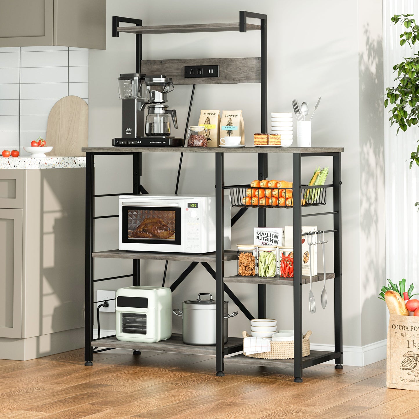 WALSUNNY Kitchen Baking Rack with Outle, Freestanding Kitchen Storage Rack Organizer