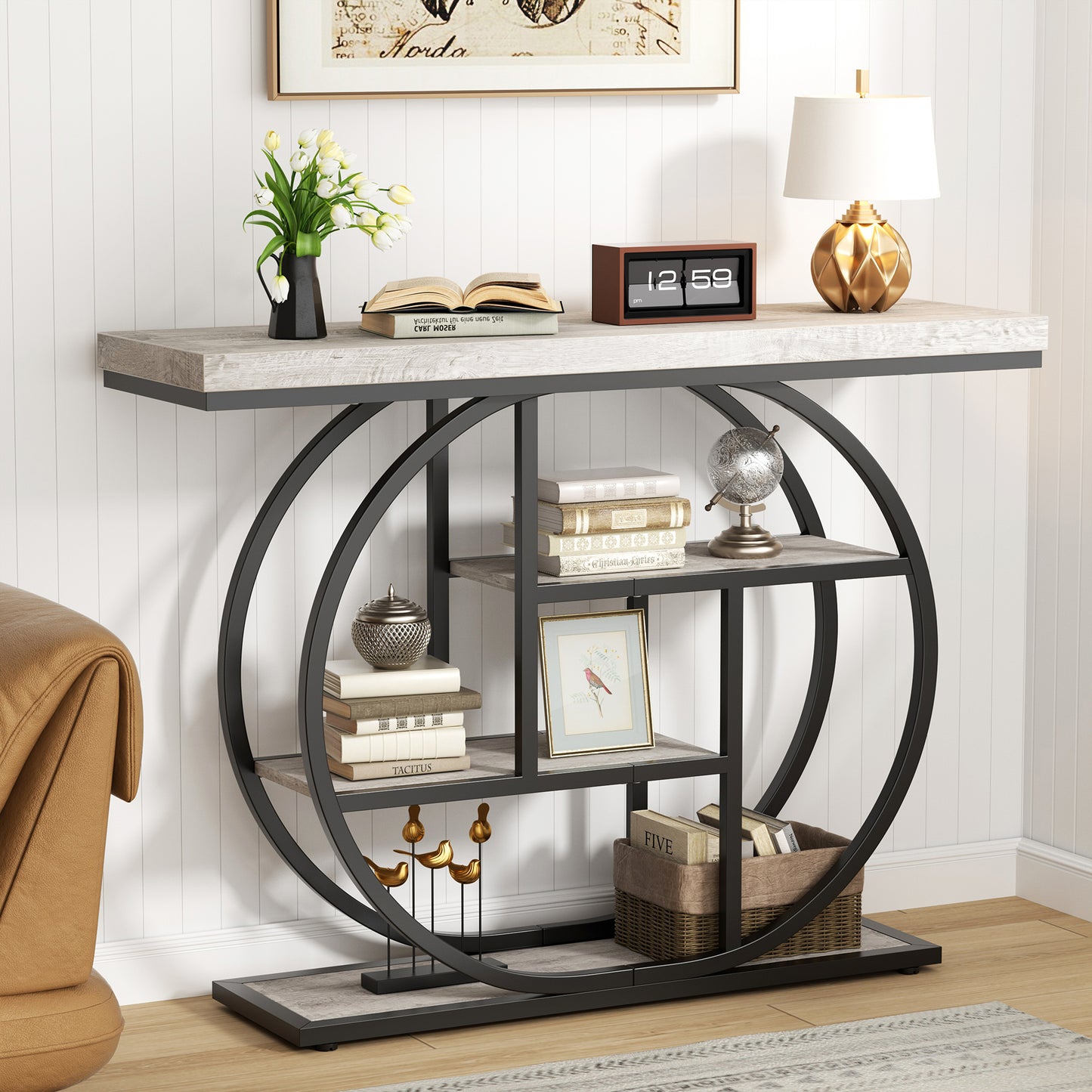 Walsunny Industrial 4-Tier Console Table, Entryway End Table with Circular Metal Frame, Narrow Wood Side Table with Storage Shelves for Living Room, Bedroom