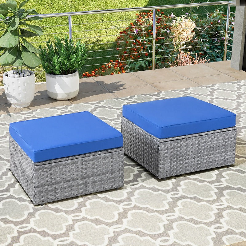 Walsunny 2 Pieces Outdoor Ottomans & Side Chairs Without Arms, Silver Wicker Stools with Cushion