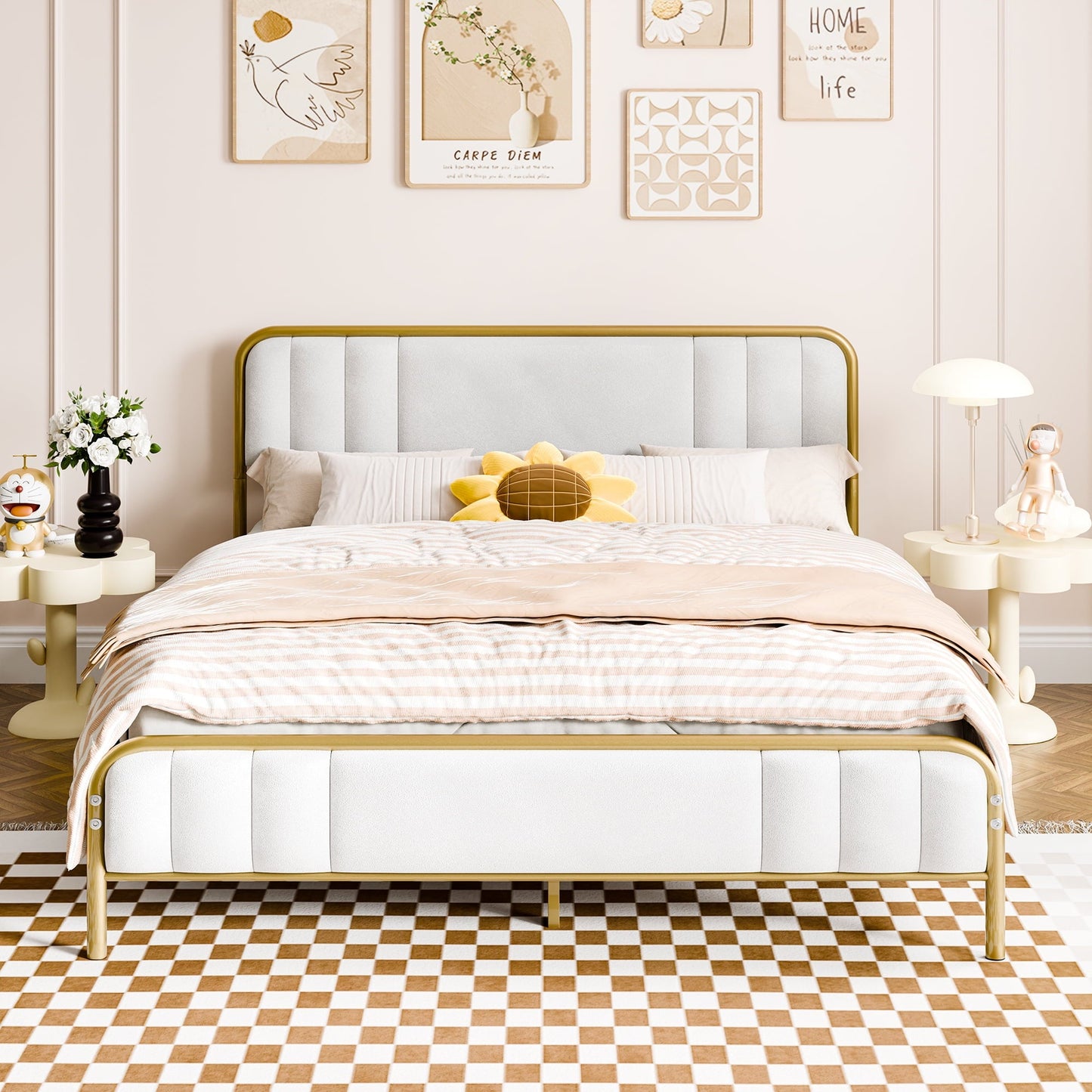 Walsunny Bed Frame with Led Light and Drawers Metal Platform Bed with Button Tufted Headboard Strong Metal Slats