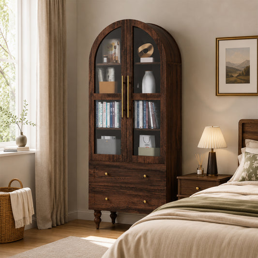 Walsunny 6-Tier Arched Bookshelf, Farmhouse Bookcase with Glass Doors & Drawers, 70" Tall Display Shelf, Wooden Storage Cabinet for Living Room, Dining Room