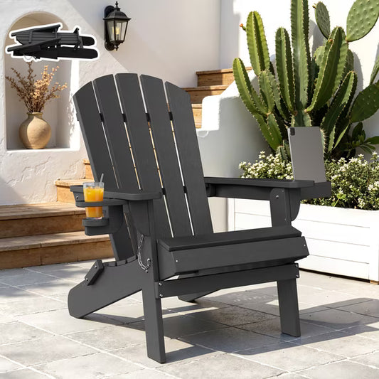 Walsunny Folding HDPE Adirondack Chair, All-Weather Outdoor Fir Pit Chairs with Dual Cup Holders for Outdoor Patio Garden Backyard,Black