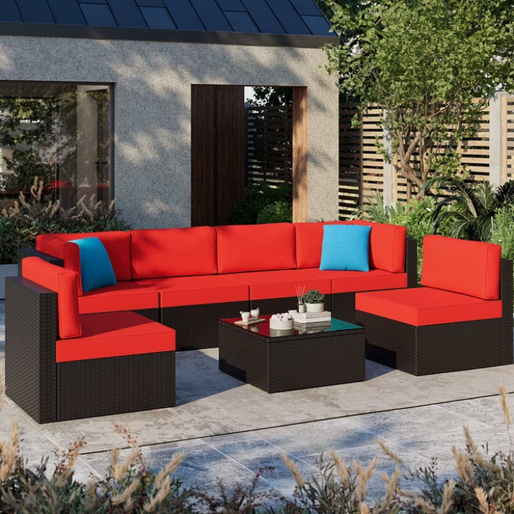 Patio Furniture Set, Walsunny 7 Piece All Weather Outdoor Sectional Sofa, Wicker Patio Conversation Set with Cushions and Tempered Glass Table for Backyard Porch