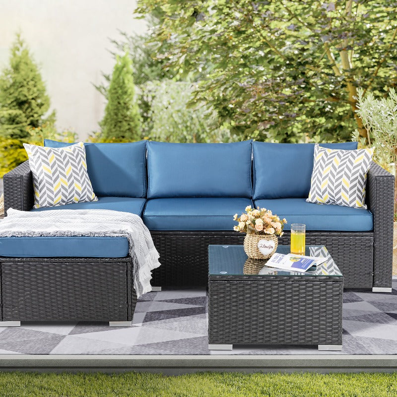 Walsunny Patio Furniture 3 Pieces Outdoor Sectional Sofa Set With Chaise, Black Wicker#color_aegean-blue