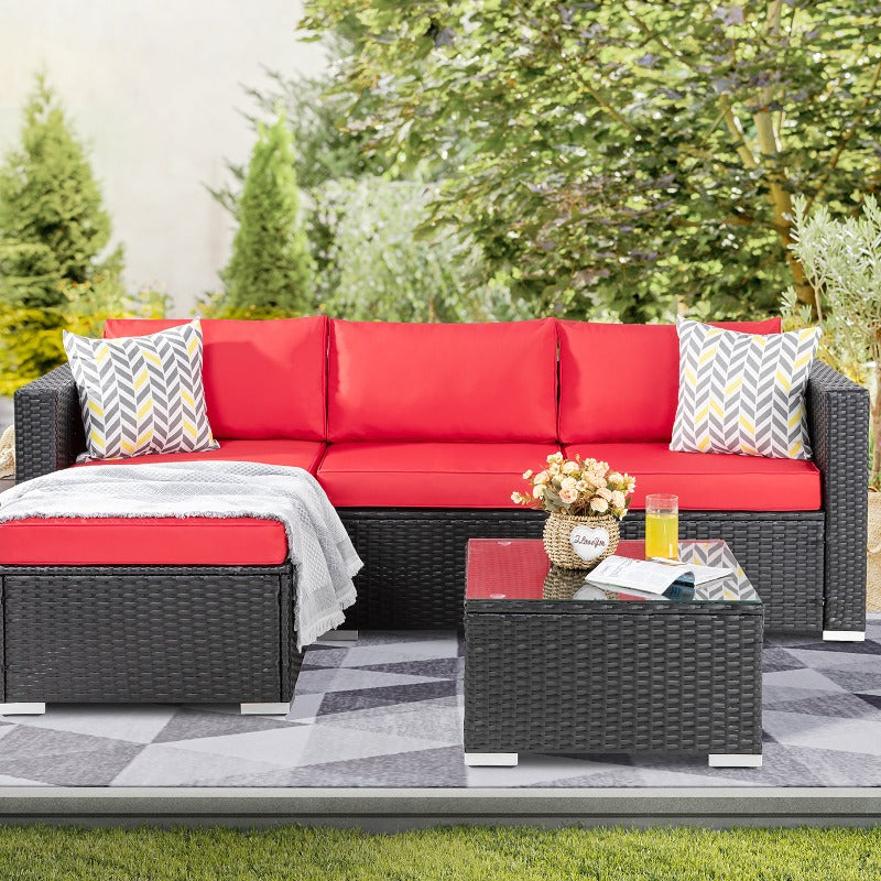 Walsunny Patio Furniture 3 Pieces Outdoor Sectional Sofa Set With Chaise, Black Wicker#color_red