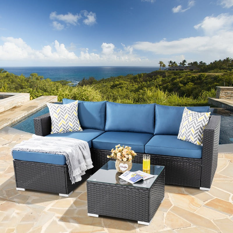 Walsunny Patio Furniture 3 Pieces Outdoor Sectional Sofa Set With Chaise, Black Wicker#color_aegean-blue